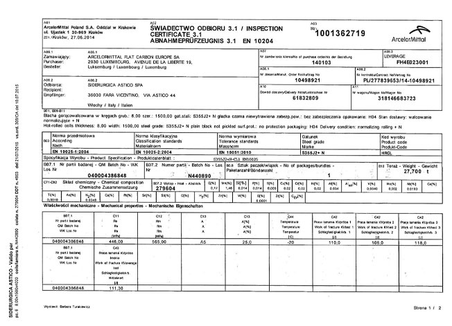 Certificato 3.1 di provenienza lamiera