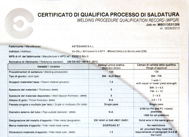 Certificato di qualifica processo di saldatura